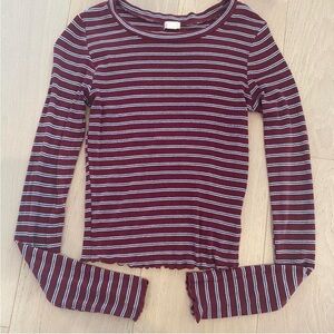 garage ribbed striped maroon and blue long sleeve with lettuce hem